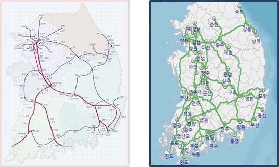 철도(좌) 및 고속버스(우) 노선망