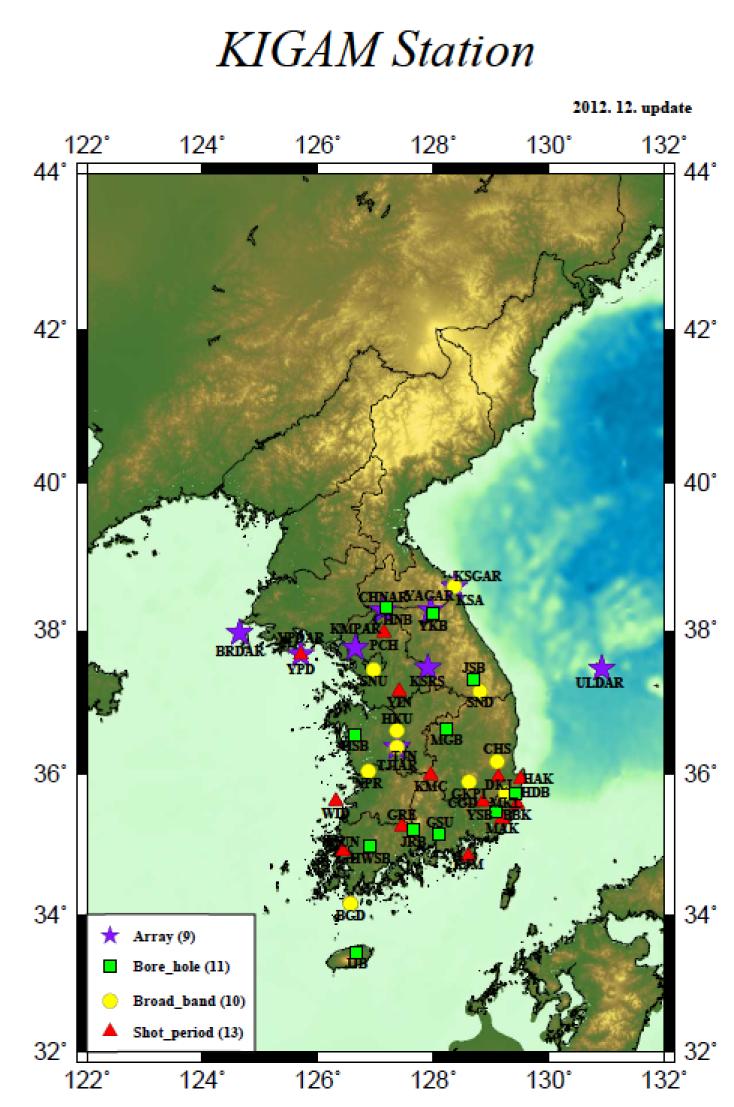 한국지질자원연구원 지진관측소 분포 현황