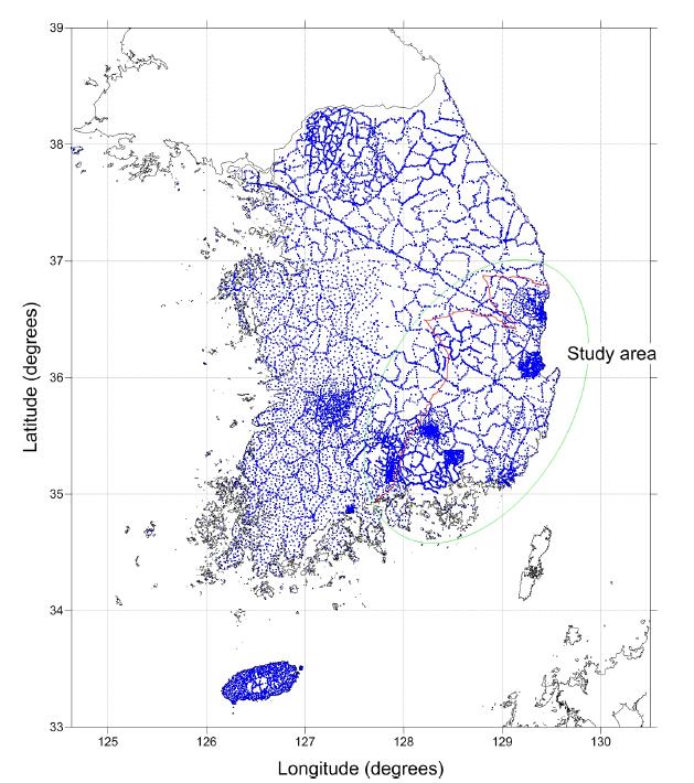 Distribution of gravity points in Korea.