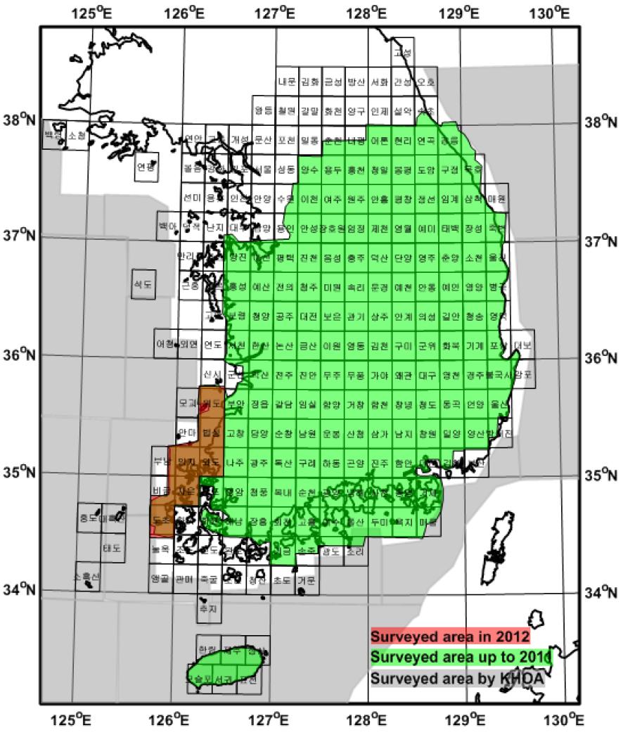 Index map of airborne geophysical exploration in Korea.