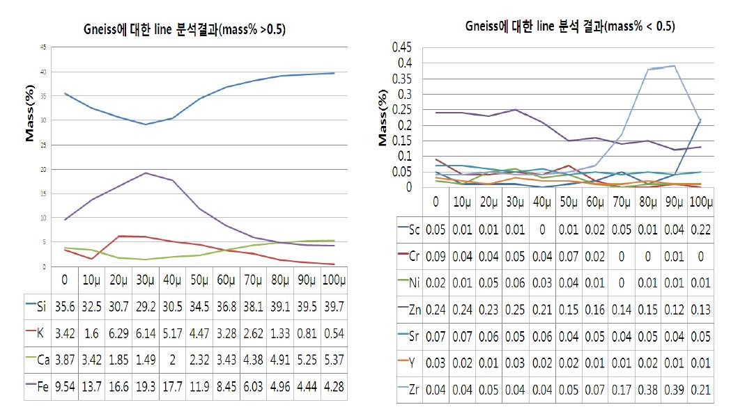 Gneiss의 원소별 100μm line 분석결과.