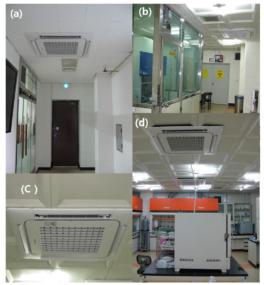 (a) 복도에 설치된 항온기 1개 (b) Maintenance room에 설치된 항온기 1개 (c) 확대된 항온기 (d) 화학처리실에 설치된 항온기 2개