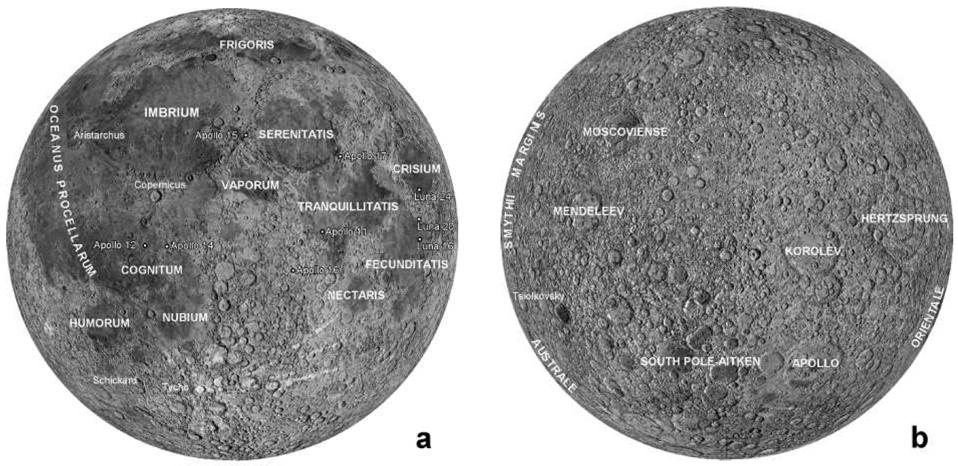 Global views of the Moon which show the lcoation of the Apollo and Luna landing sites, basins, and other prominent morphological features; (a) nearside, (b)farside