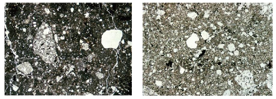 (left) polymict breccia 14305. (right) impact melt breccia 65015