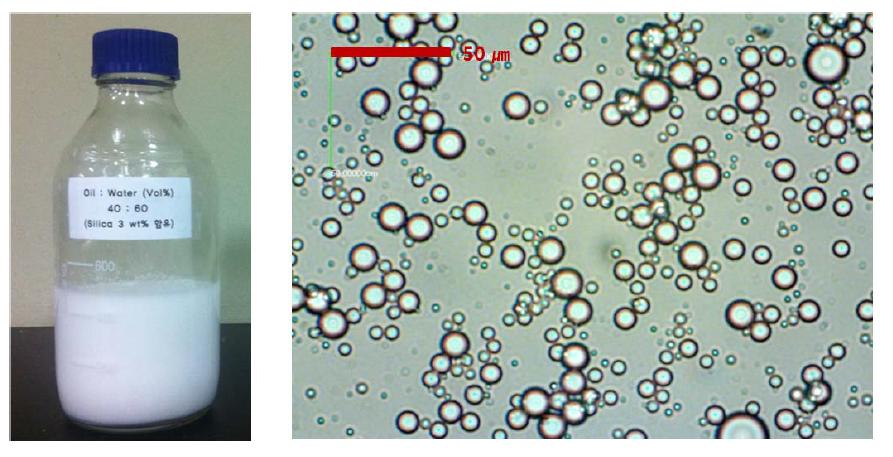 데칸 40%, 물 60%인 에멀젼시료 및 현미경으로 관찰한 액적 사진
