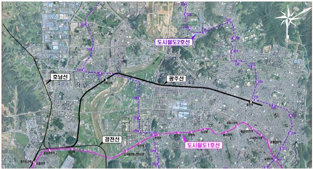 그림 3.4 광주선(경전선 지선) 구간(광주송정역～광주역) 노선도