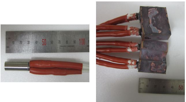 실험에 사용된 히터(좌측) 소자 및 히터블록(우측)