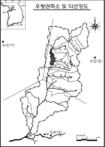 그림 40. 오산천 우량관측소 및 티센망도