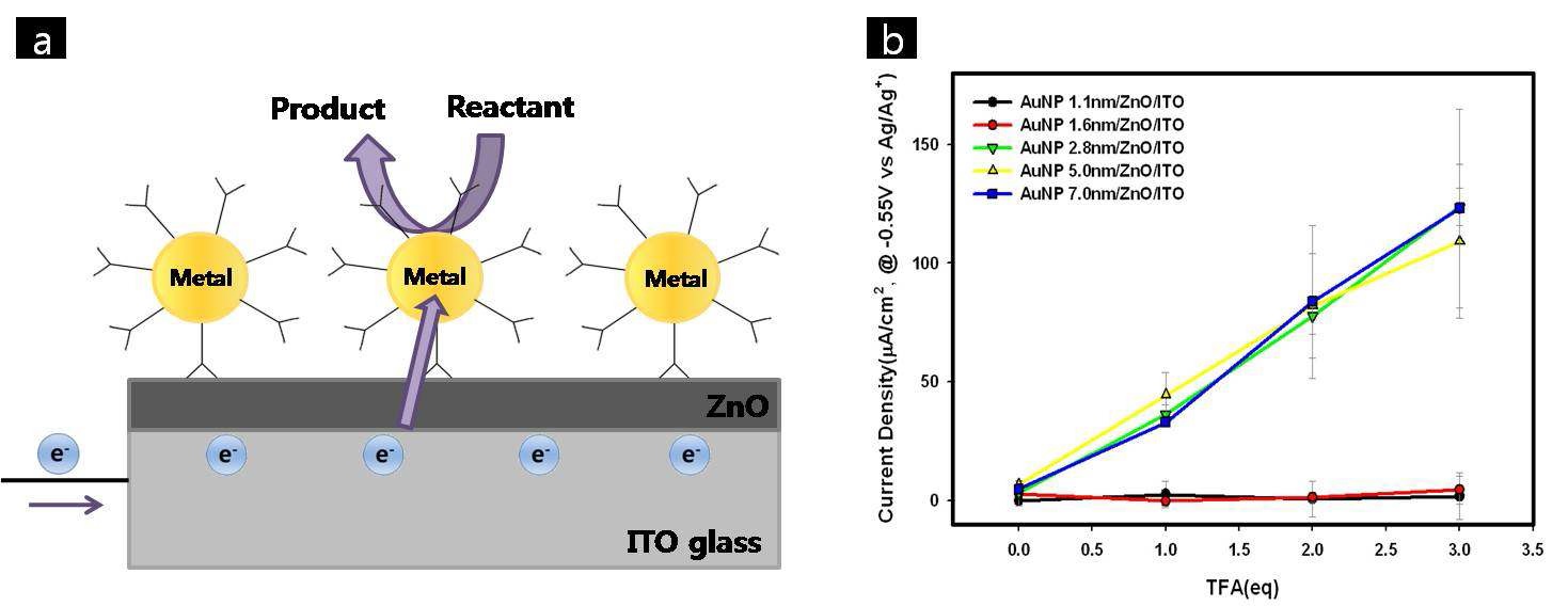 그림 12. (a) 전기화학촉매 시스템의 메커니즘 (b) 수소 이온의 점진적 첨가에 따른 ZnO-Au 복합체의 전기적 활성
