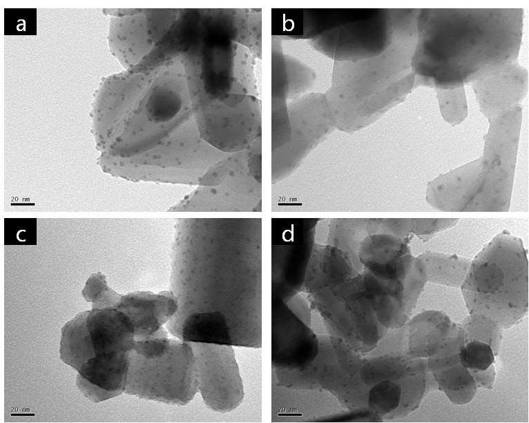 그림 14. (a) AuNP 2.4nm-ZnO (b) AgNP2.4nm-ZnO (c) PdNP 2.4nm-ZnO (d) PtNP2.4nm-ZnO의 TEM 이미지