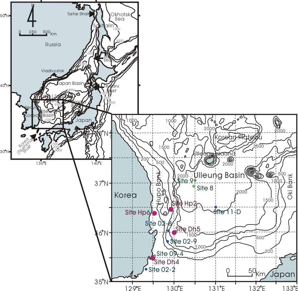 Fig. 1 Simplified location map of pistoncores in the Ulleung Basin and near shorearea along the southeastern part of theKorea Peninsula