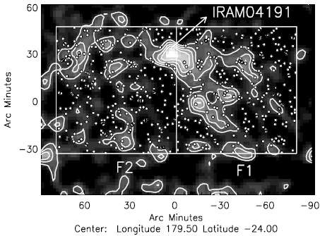 그림 9-a IRAM 04191분자운 핵을 포함한 영역의 소광윤곽 지도.