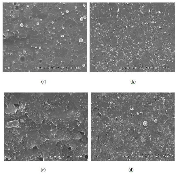 그림 8. Scanning electron micrographs of poly(propylene carbonate)(PPC) and poly(lactic acid)(PLA)(70/30, wt%) blends with MWCNT(3phr)