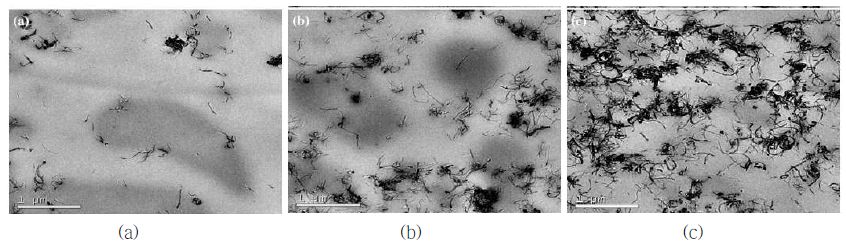 그림 10. Transmission electron micrographs of poly(propylene carbonate) (PPC) and poly(lactic acid) (PLA) (70/30) with MWCNT composites
