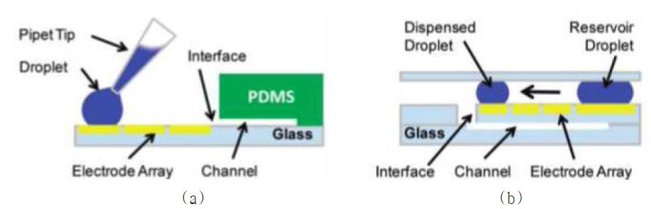 액적 기반의 디지털 미세유체역학 플랫폼과 채널 기반 플랫폼을 통합한 하이브리드 플랫폼 (a) 개방형 전기습윤 시스템+채널 시스템, (b) 폐쇄형 전기습윤 시스템+채널 시스템.