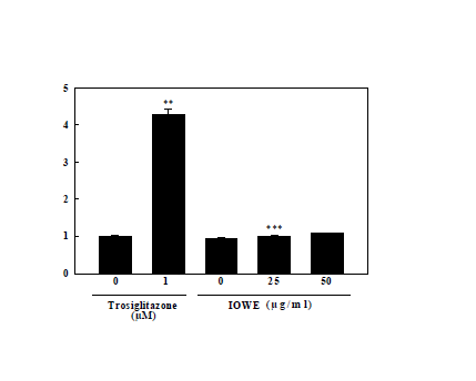 Luciferase reporter assay. 3T3-L1 cells were transfected with two plasmids. Twelve hours after transfection, cells were treated with rosiglitazone or IOWE at indicated concentrations for 24 h. Values represent means SD (n=3). Data shown are representative of three experiments