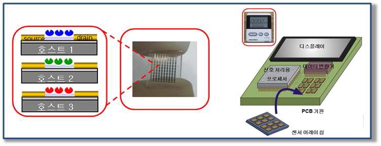 그림 5. 나노파이버 회로기반 초소형 센서 어레이 칩 및 신호처리 모듈과 초소형 센서칩