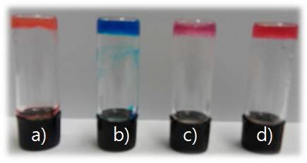 그림 6. Photographs of the Co2+ coordination polymer gel of H4TCTA with (a) CoI2, (b) CoCl2, (c) CoBr2 and (d) Co(NO3)2 in H2O/DMF(1/6, v/v).