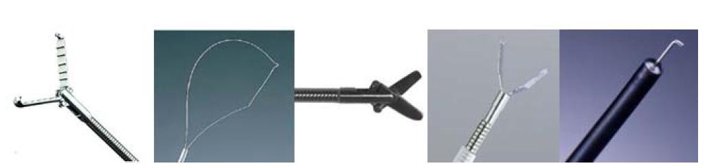 다양한 용도로 사용되는 상용화된 수술 도구들(왼쪽부터)Grasping Forceps, Electrosurgical Snare, EndoScissors, EndoClips, Hook Knife