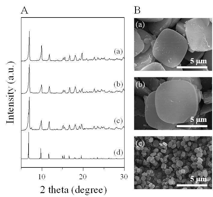 (a) MIL-125, (b) NH2-MIL-125 및 (c) NH2-MIL-125(M) 시료의 (A) XRD patterns, (B) SEM 분석결과; (A)의 profile (d)는 MIL125의 simulated XRD pattern.