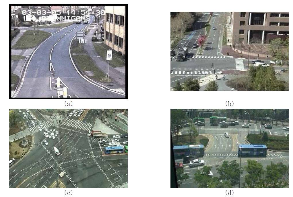 실험 데이터의 대표 이미지 (a)AVSS 2007 (b)Traffic Scene1 (c)Traffic Scene2 (d)Traffic Scene3