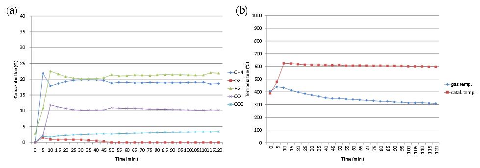 메탄 부분 산화 반응 시 (a)생성가스 변화 및 (b)온도 변화