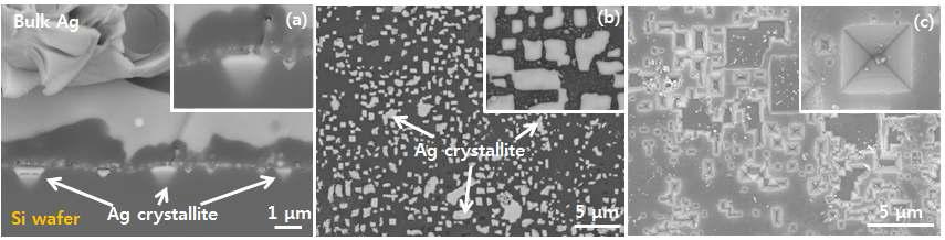 (100) Si wafer의 Ag crystallite 형상 : (a) 단면 (b) 10% HF에 30분간 침지시킨 후의 표면 (c) 70% HNO3 60ml + 증류수 60ml에 5분간 침지 시킨 후의 표면