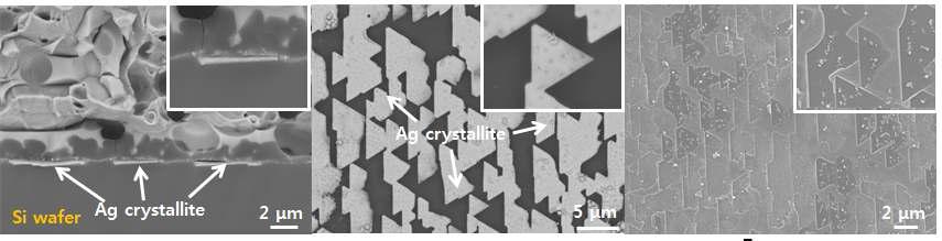 (111) Si wafer의 Ag crystallite 형상 : (a) 단면 (b) 10% HF에 30분간 침지시킨 후의 표면 (c) 70% HNO3 60ml + 증류수 60ml에 5분간 침지 시킨 후의 표면