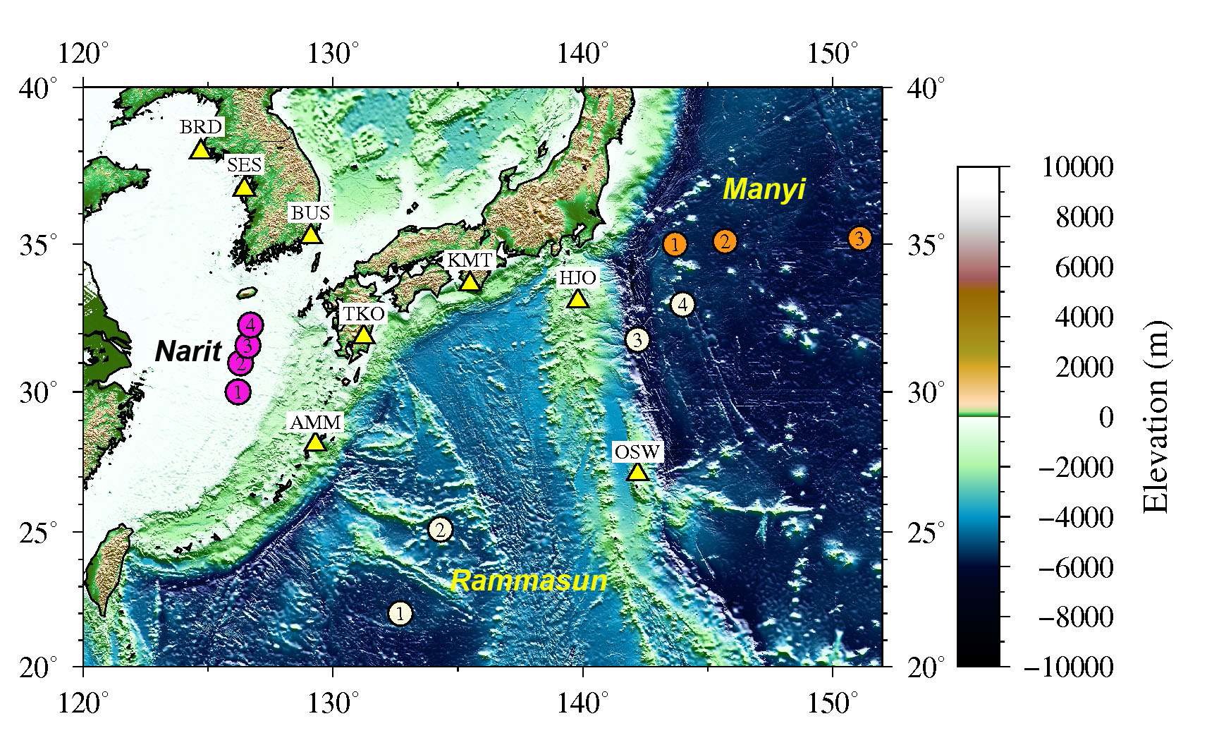 Fig. 37 Yellow triangles denotes the broadband seismic stations in Korea and Japan used in this study. White, violet, and orange circles denotes the typhoon locations for Rammasun, Narit, and Manyi respectively. Bathymetry are presented in different color scale.