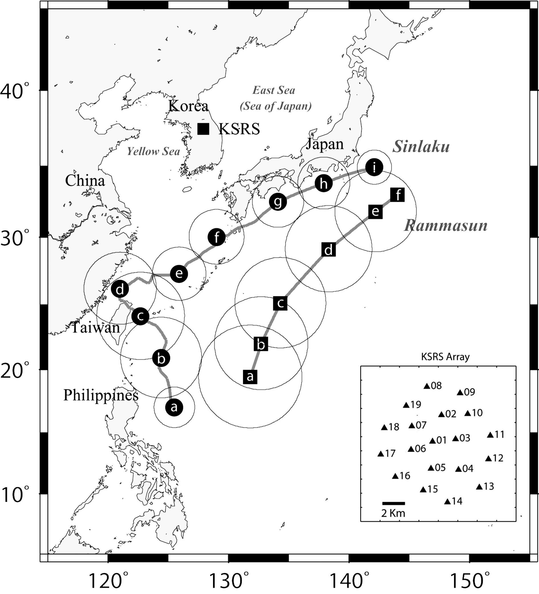 Fig. 41 Index map. This shows the Korean seismic array KSRS, and the Typhoon-center racks of Sinlaku and Rammasun of 2008.