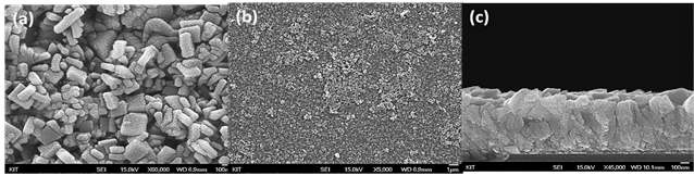 그림 3.34. FESEM 분석 결과 : 수열합성법(Hydrothermal)을 이용한 TiO2 nanosheet(seed layer)(a)고배율 표면, (b)저배율 표면, (c)측면