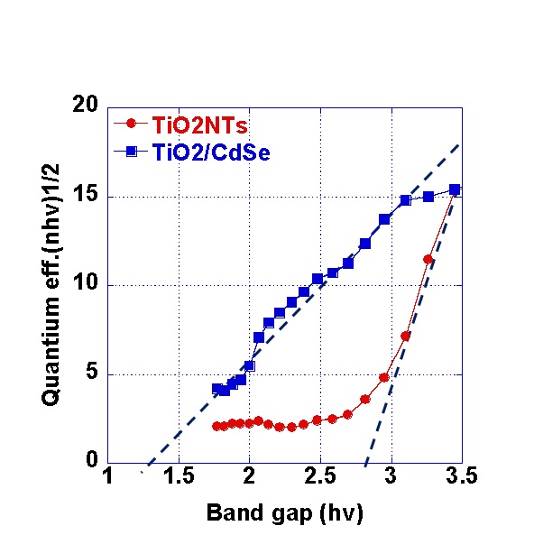 그림 3.54. QD sensitizer(CdSe)/TiO2 NTs 와 TiO2 NTs Quantum Efficiency