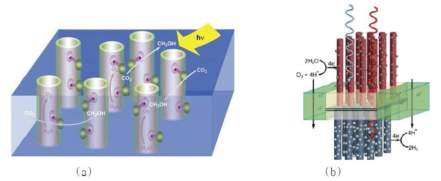 Concept of artificial photosynthesis: (a) synthesis of methanol by reduction of CO2; (b) H2 generation by hydrolysis.