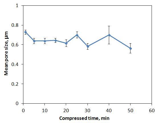 Effects of compression time on pore size: compression=624 MPa.