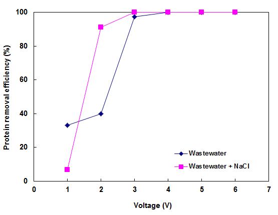 Effects of applied voltage and NaCl addition on protein.