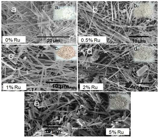 SEM images of the samples obtained after 2 h hydrothermal treatment at 200℃ with different amounts of ruthenium.