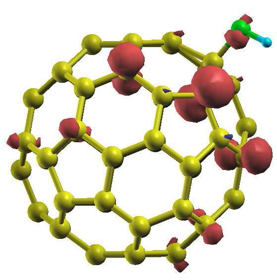 C60OH 분자의 spin density. 연두색은 탄소, 파란색은 수소, 초록색은 산소. 빨간색은 스핀분포에 대응. 수산화기 근처에 quasi-localized electron 형성.