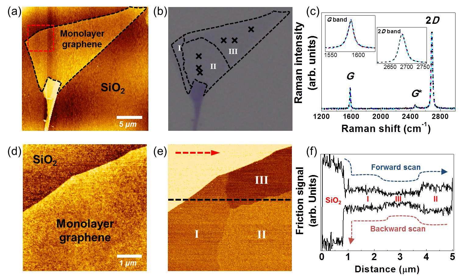 (a) 단층 그래핀의 표면 이미지 (b) 광학 현미경으로 본 단층 그래핀 이미지 (c) 라만 분석 (d), (e) 그림 (a)의 빨간 점선 사각형 부분에서 동시에 측정된 표면 이미지와 마찰력 이미지 (f) 그림 (e)의 까만 점선의 프로파일