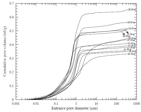 The cumulative distribution of pore size of the core sediments