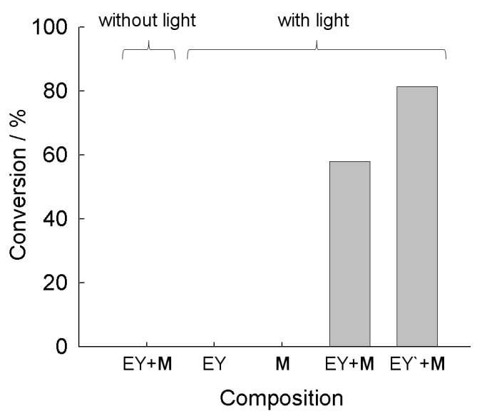 광화학적으로 재생된 NADH 보조인자에 의한 알파-케토글루탐산의 L-글루탐산 전환율에 대한 빛의 존재 여부 및 Eosin Y의 농도의 영향