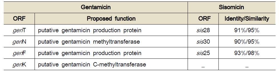 Gentamicin 생합성 유전자 집단 내 methyltransferase 유전자들의 염기서열 분석