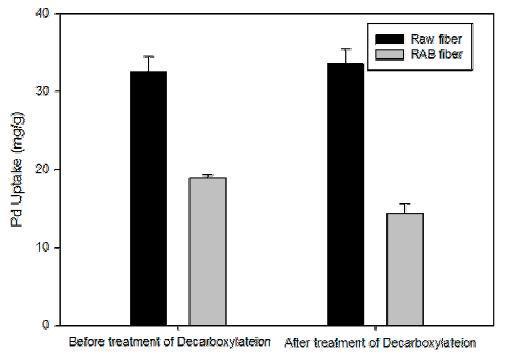 raw fiber와 RAB fiber의 Pd 흡착성능평가 결과(Pd initial concentraion=300 mg/L)