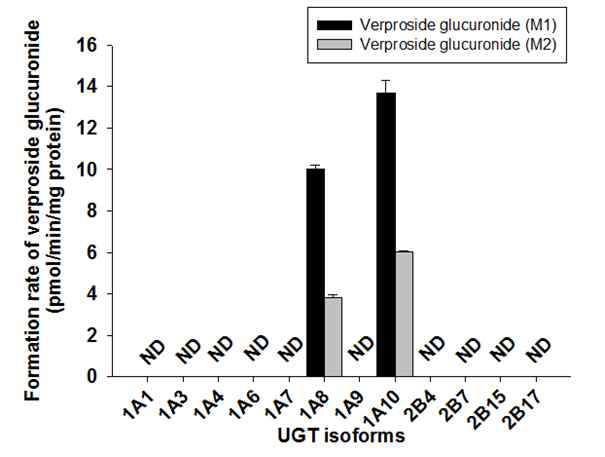 사람 재조합 UGTs에서 verproside로부터 verproside glucuronide (M1, M2) 생성률