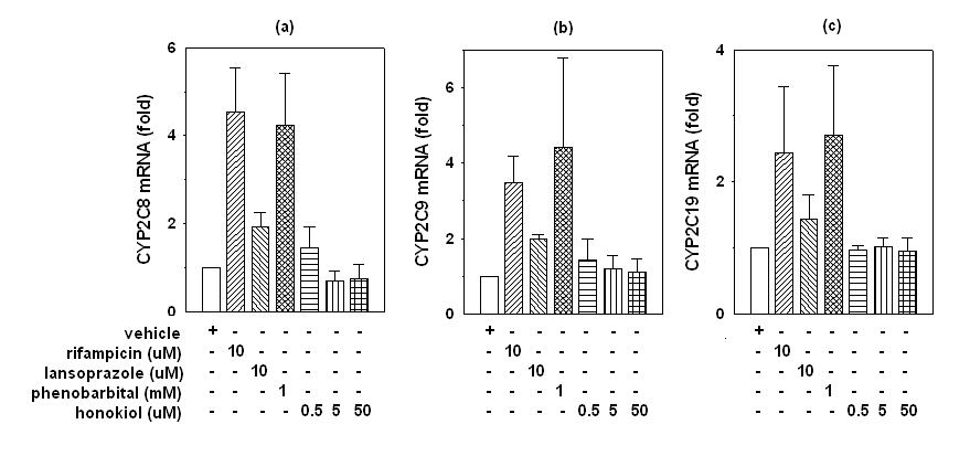 사람 hepatocytes에서 honokiol과 양성 대조물질인 rifampicin(PXR inducer), lansoprazole (AhR inducer), phenobarbital(CAR inducer)이 CYP2C8, CYP2C9, CYP2C19 mRNA에 미치는 영향