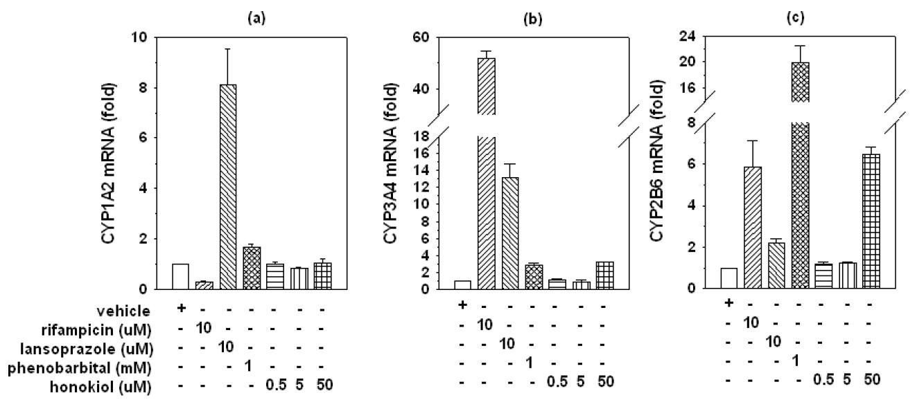 HepaRG cell에서 honokiol과 양성 대조물질인 rifampicin (PXR inducer), lansoprazole (AhR inducer), phenobarbital (CAR inducer)이 CYP3A4, CYP1A2, CYP2B6 mRNA에 미치는 영향