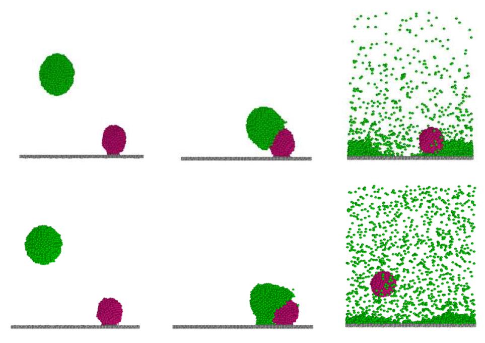 Snapshot of collision by an Ar Bullet particle: (top) V=320m/s and (bottom) V=400m/s.