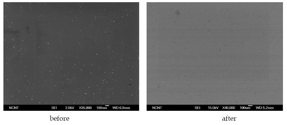 SEM images of 20nm PSL cleaning with 1:1 Ar/He at 5000torr and 105K.