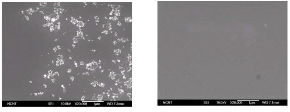 Pictures showing before (left) and after (right) cleaning of 50nm Al2O3 with pure CO2 at 50bar.