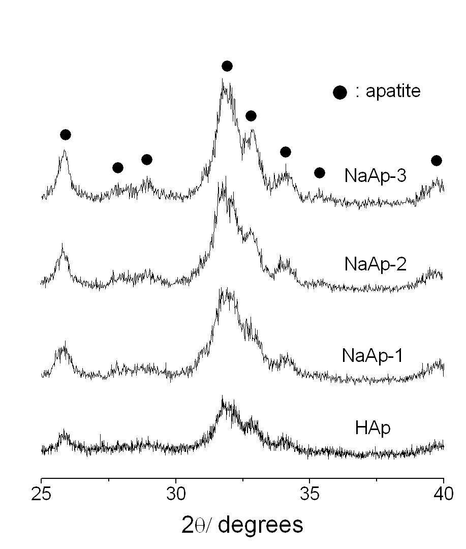 그림 63. 출발용액 중 Na/Ca의 몰비에 따른 합성된 아파타이트 분말의 XRD 분석결과.