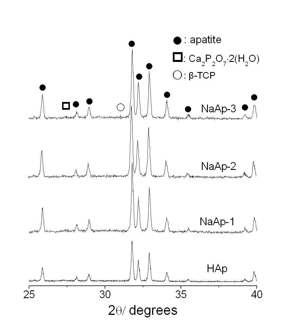 그림 64. 수산화아파타이트와 소듐아파타이트의 1100oC 소결 후 XRD 분석결과.